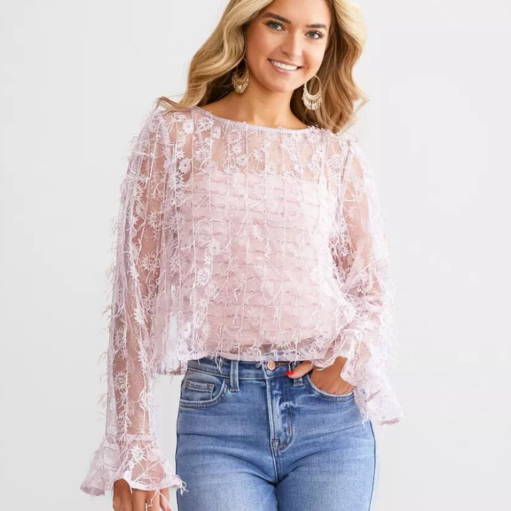 Willow & Root sheer floral lace top size small powder pink fringe detail